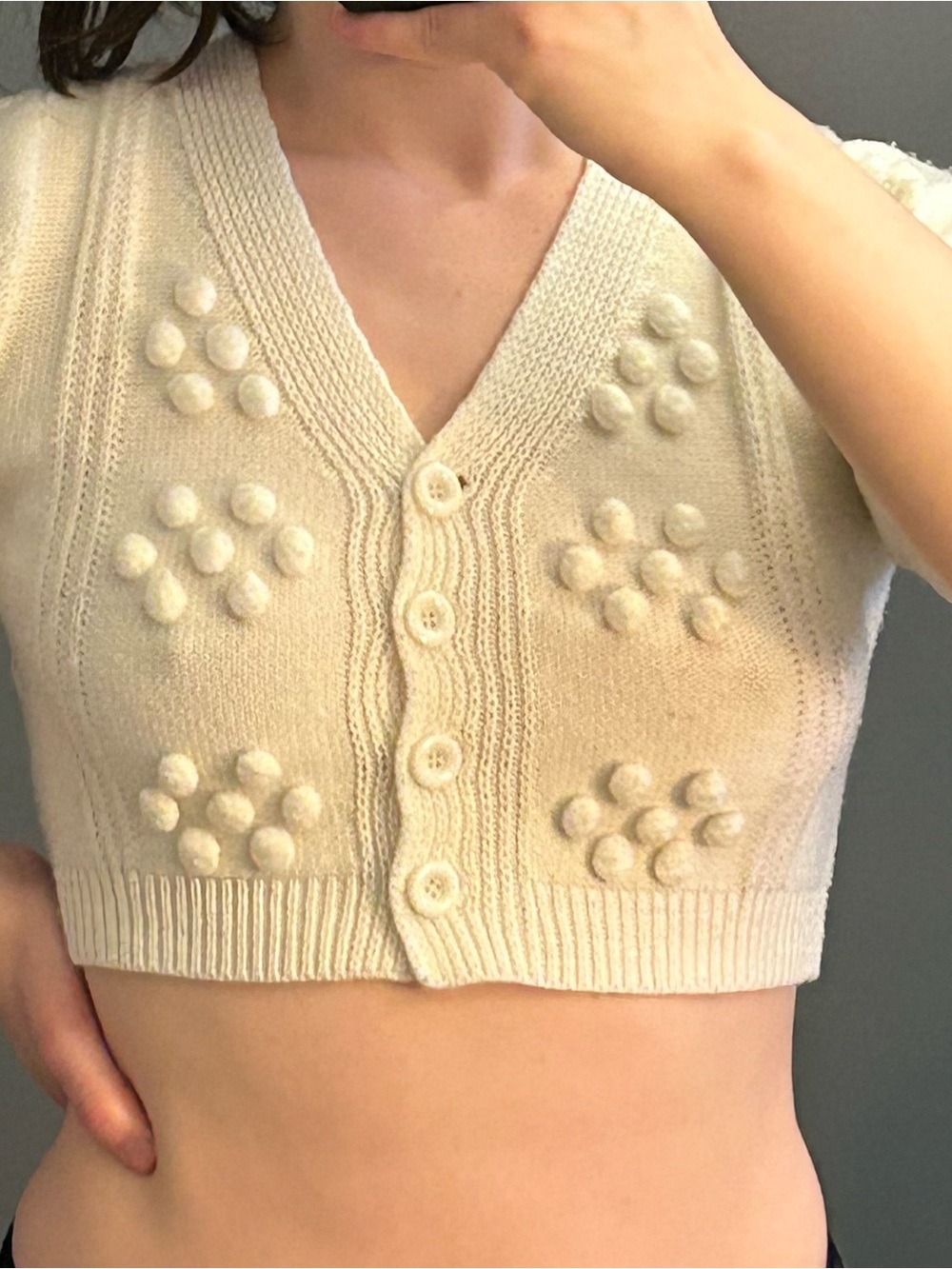 Cream Textured Button-Front Crop Cardigan - Picture 2 of 4